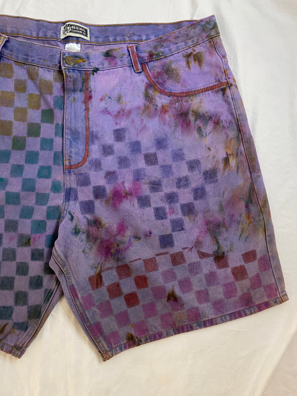 violet hazed denim art shorts