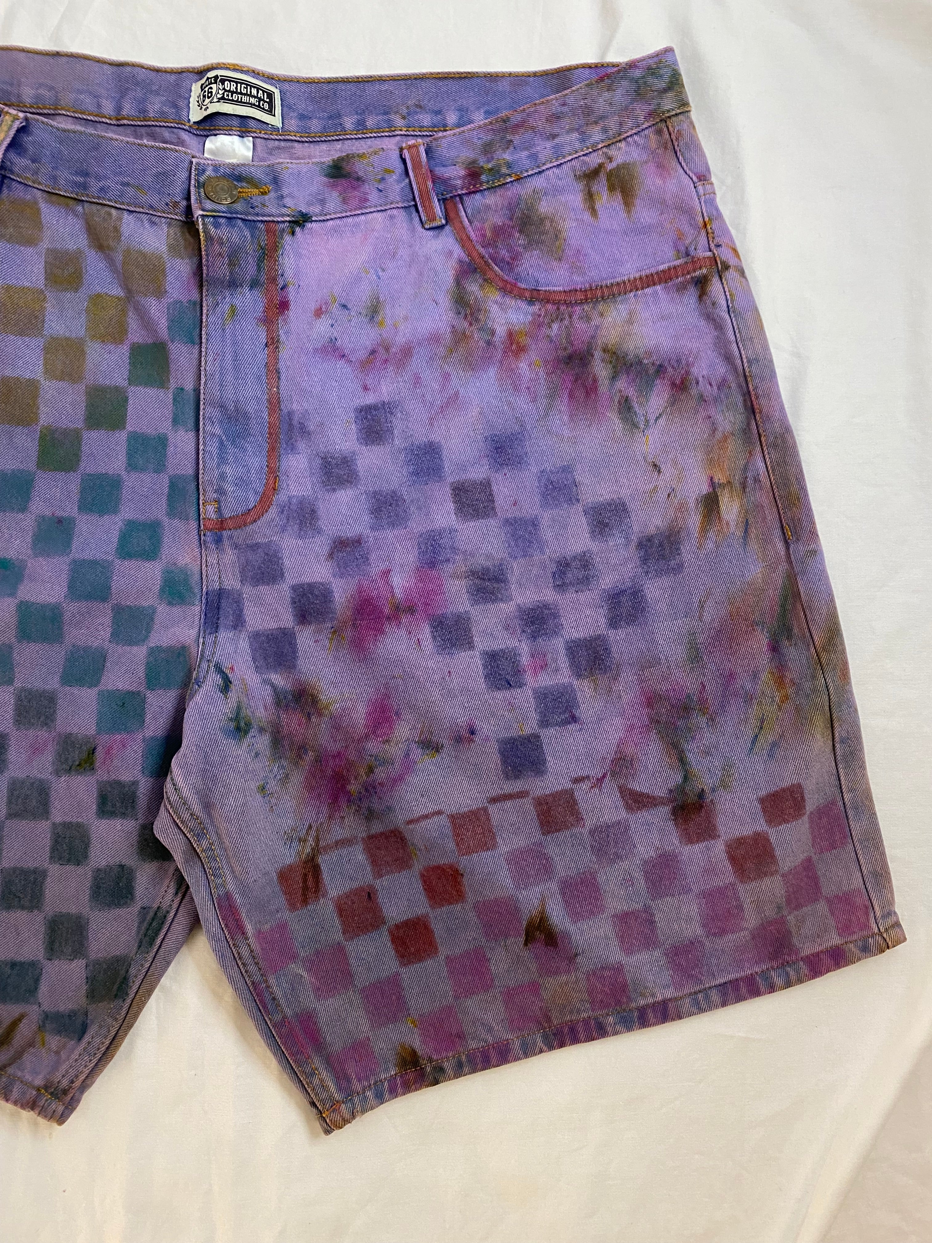 violet hazed denim art shorts