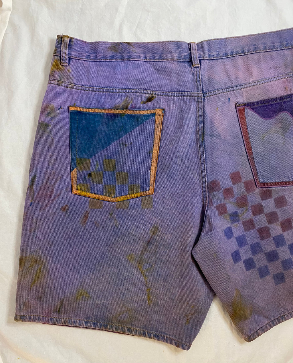violet hazed denim art shorts