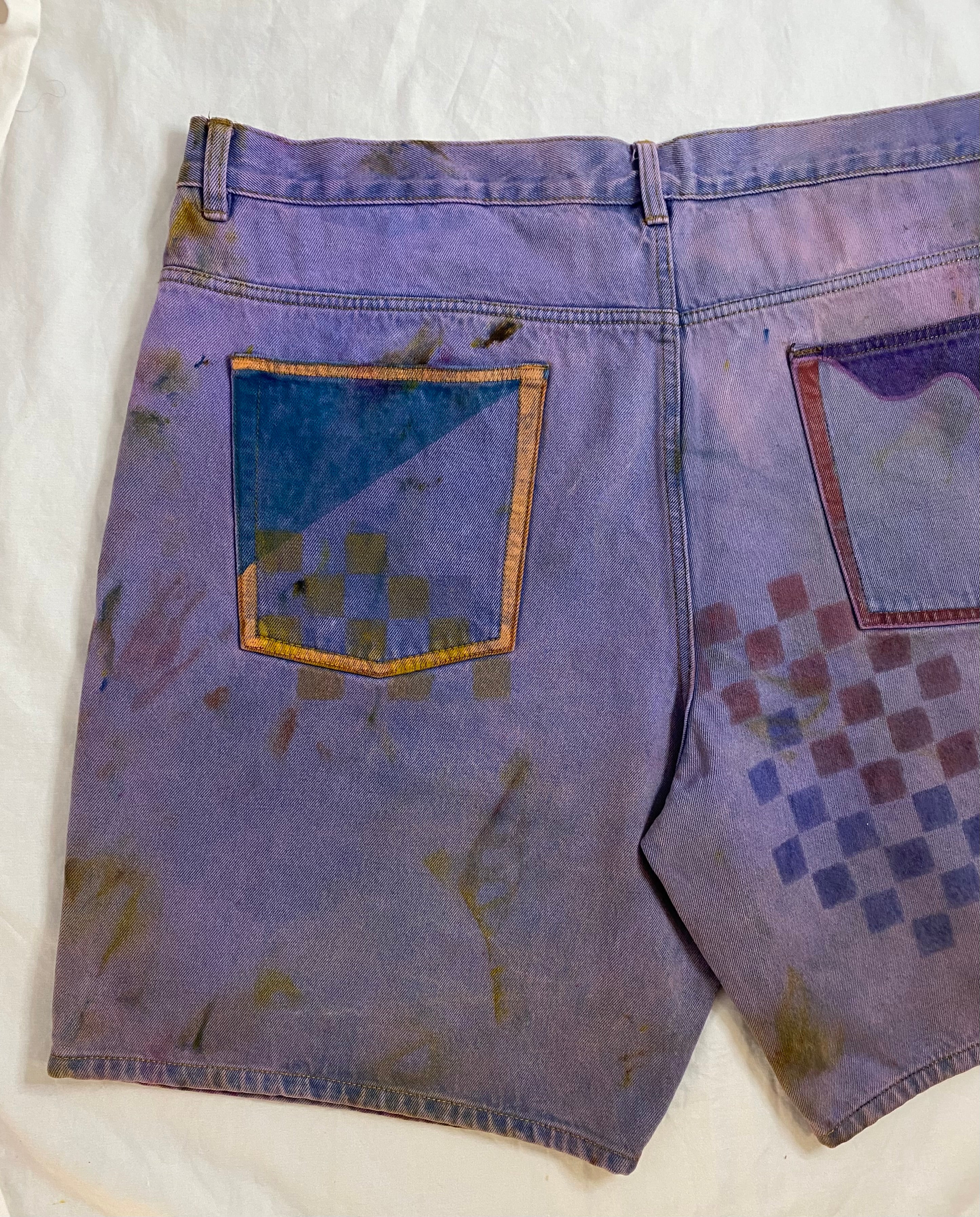 violet hazed denim art shorts