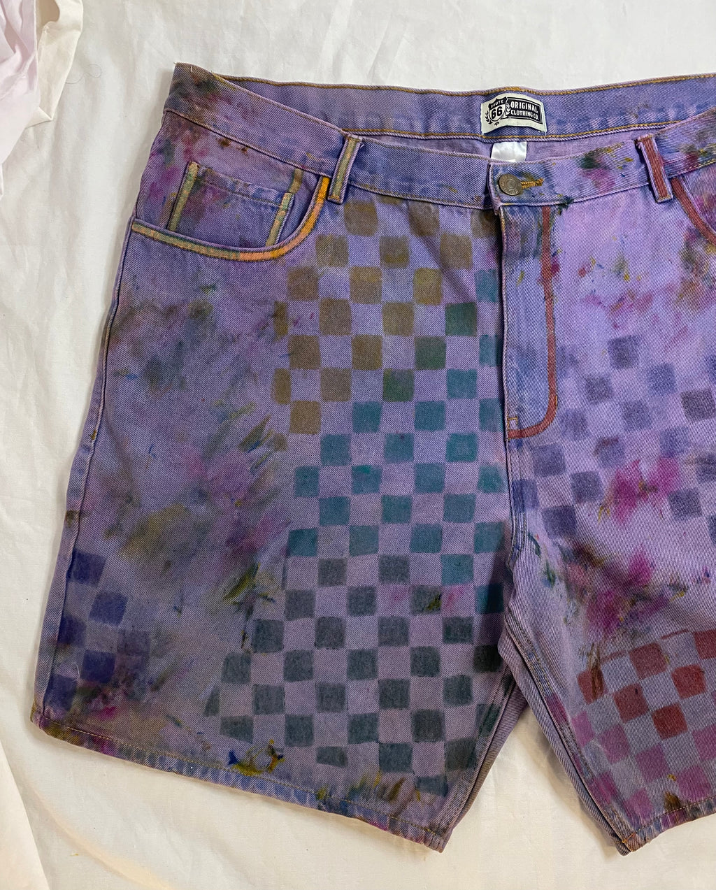violet hazed denim art shorts