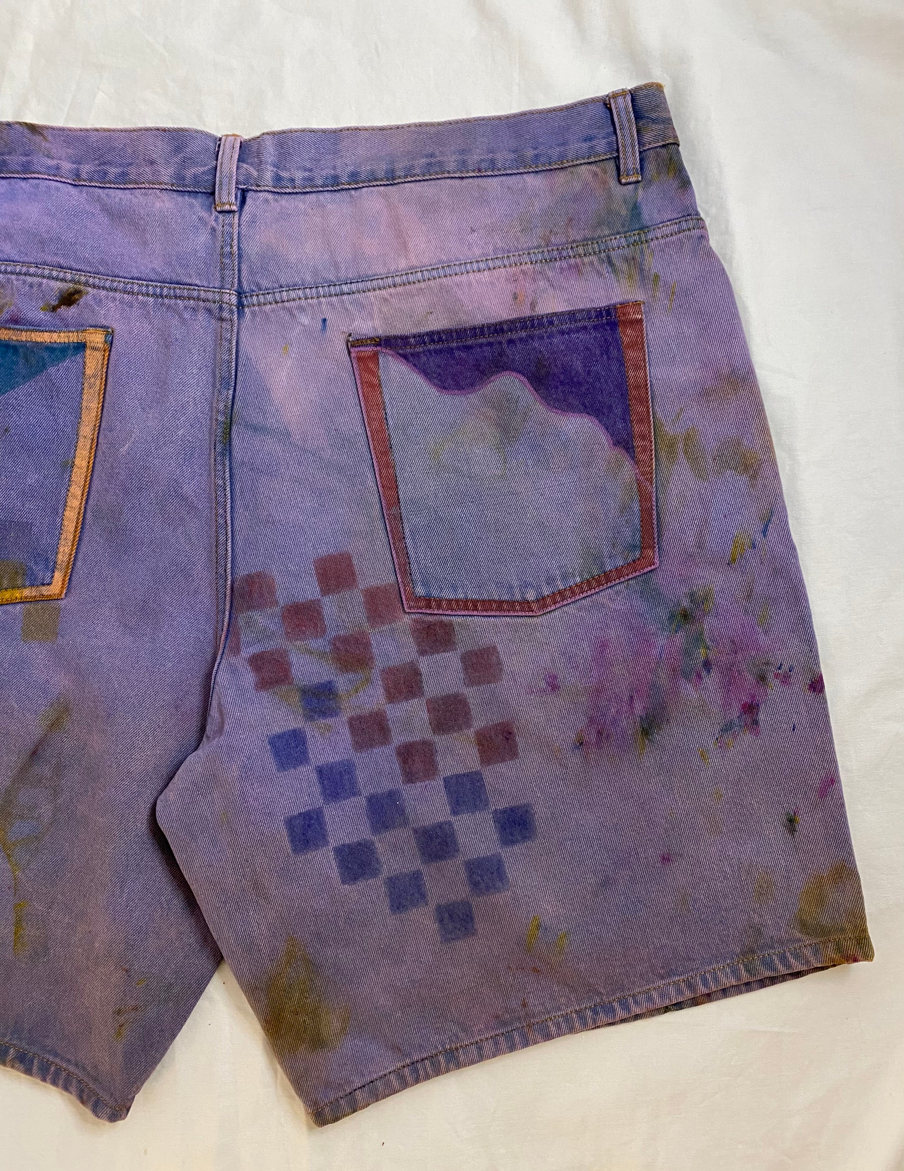 violet hazed denim art shorts