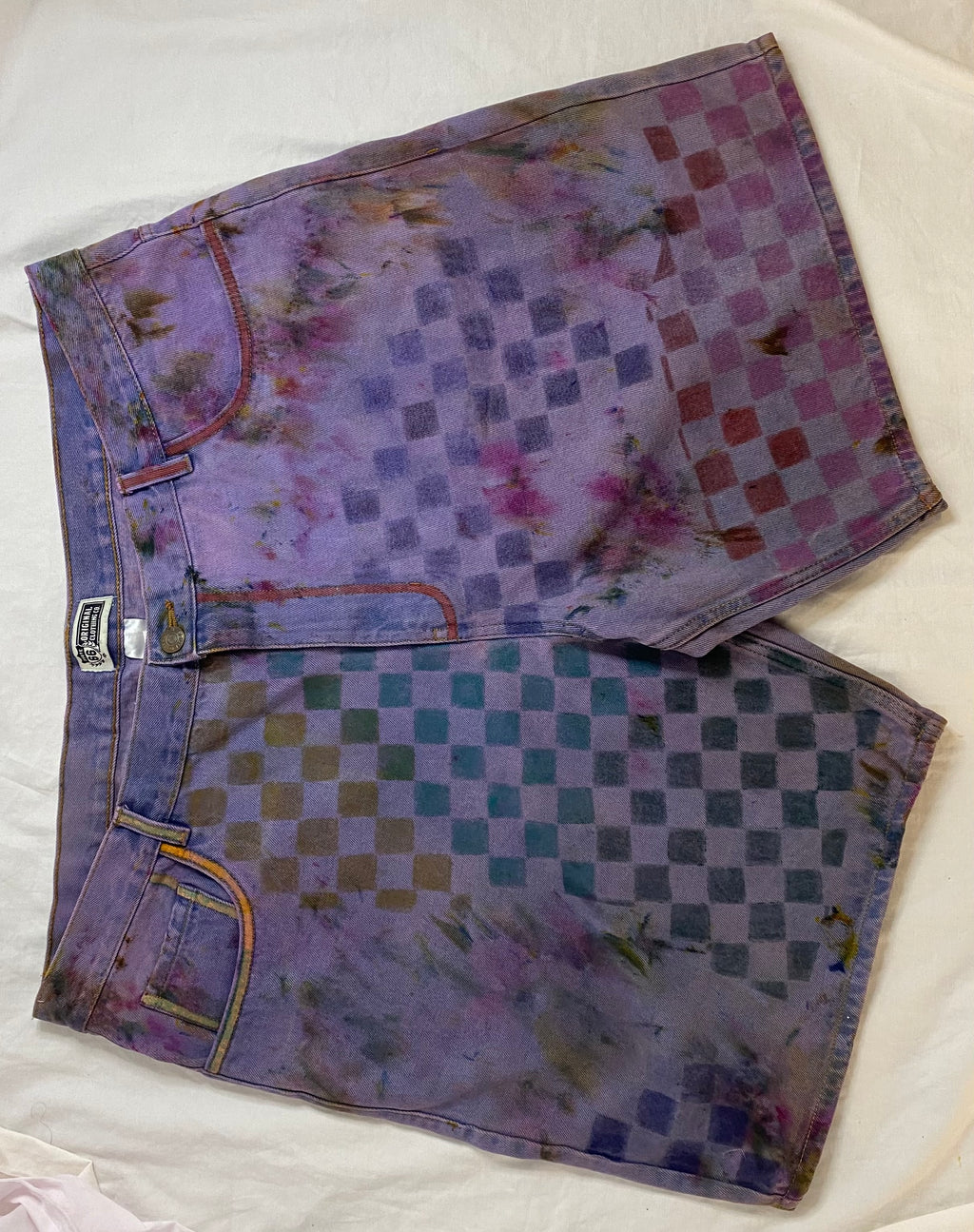 violet hazed denim art shorts