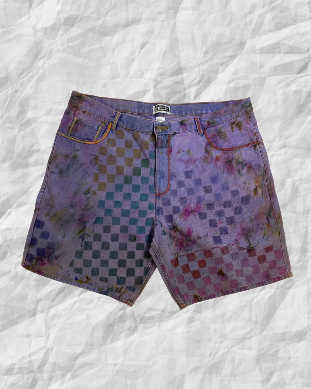 violet hazed denim art shorts